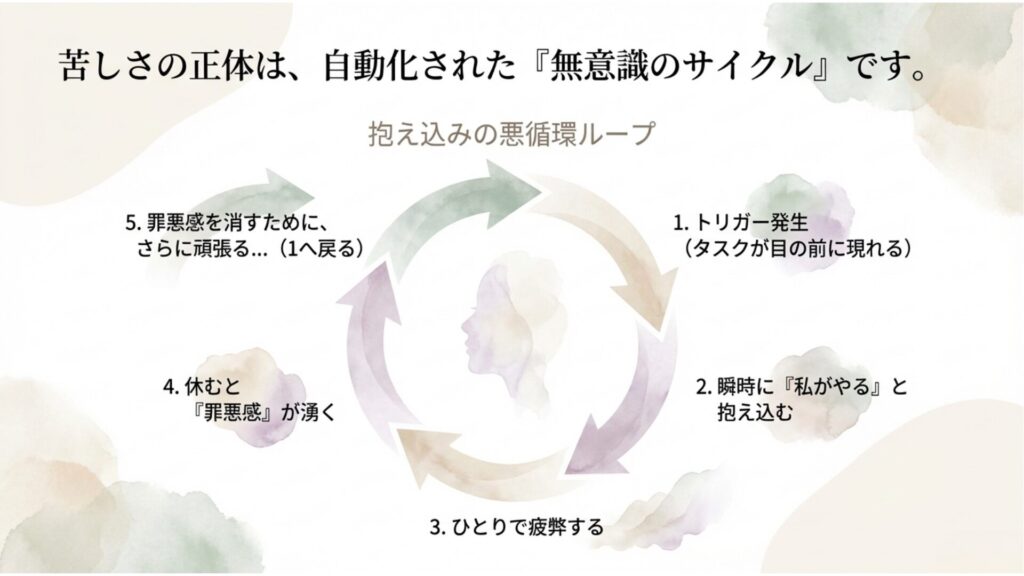 淡い水彩の円形ループ図で、抱え込みの悪循環を説明するスライド。 「苦しさの正体は、自動化された『無意識のサイクル』です。」 タスクが現れる、私がやると抱え込む、ひとりで疲弊する、休むと罪悪感が湧く、さらに頑張る、という流れを示している。